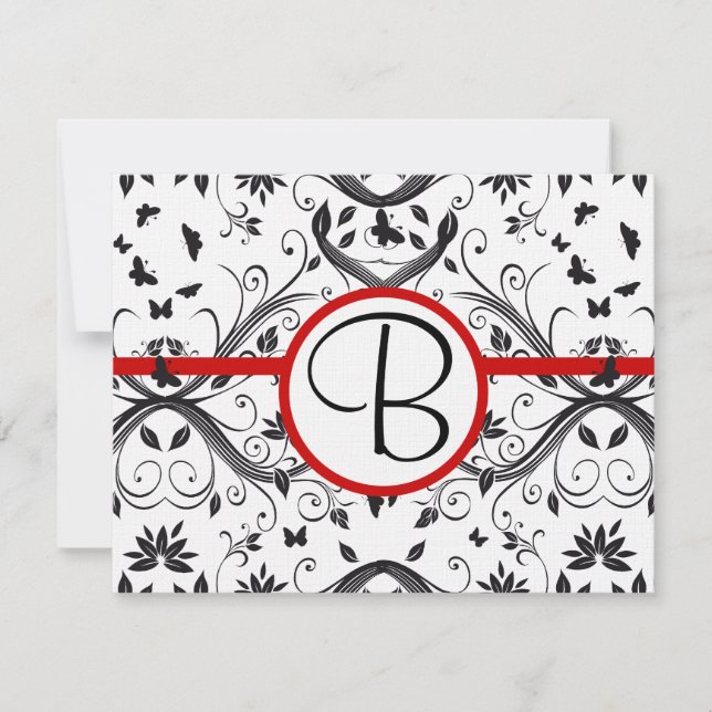 RSVP Cards-Black & White Damask Red Trim (Front)