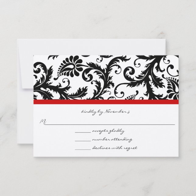 RSVP Cards-Black & White Damask Red Trim (Front)