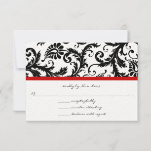 RSVP Cards-Black & White Damask Red Trim