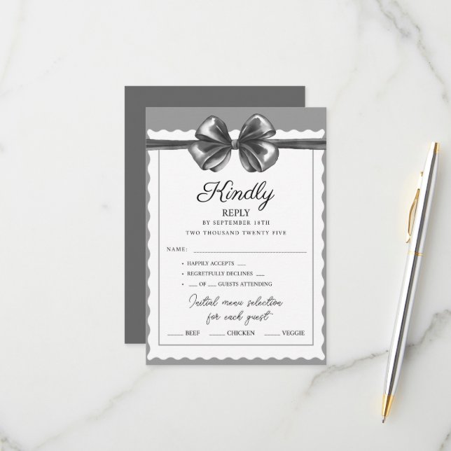 RSVP Cards Luxurious Black Bow Wedding. (Front/Back In Situ)