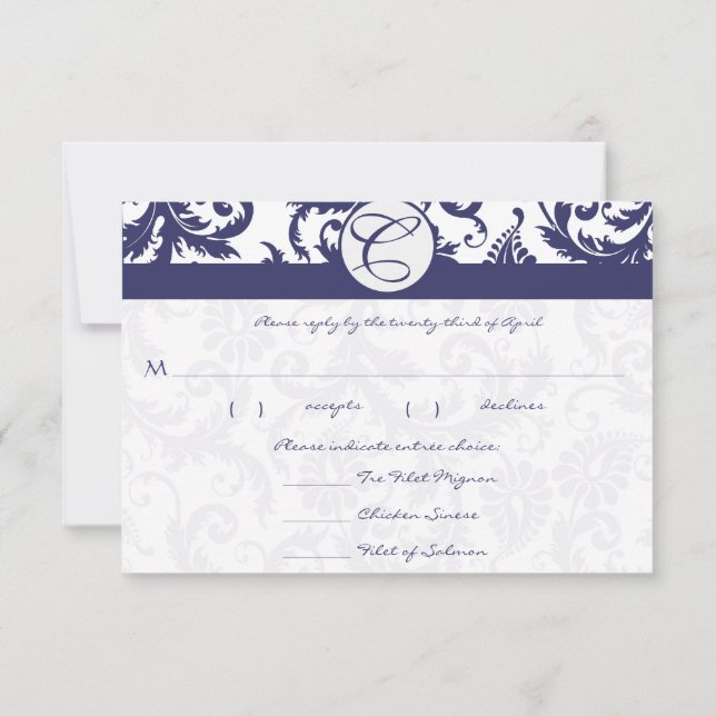 RSVP Cards Navy Blue & White Damask (Back)