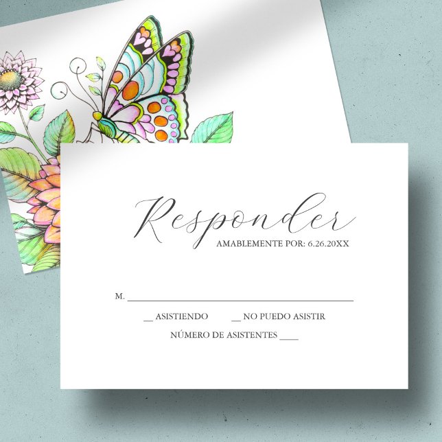 RSVP Cards Watercolor Butterfly and Flower (Quinceanera rsvp card watercolor butterfly art by Victoria Grigaliunas of Do Tell A Belle)