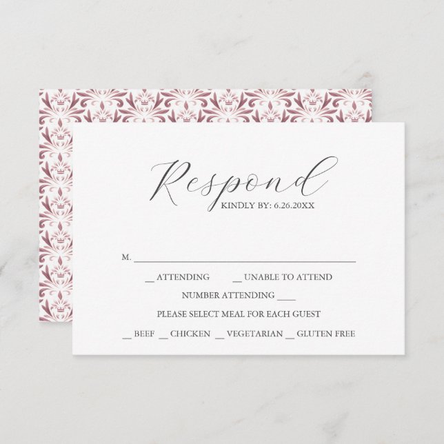 RSVP Cards with Meal Choice Dusty Rose Pattern (Front/Back)