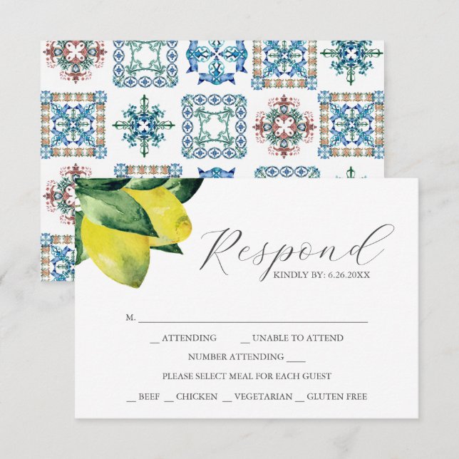 RSVP Cards with Meal Choice Lemon Amalfi Tile (Front/Back)