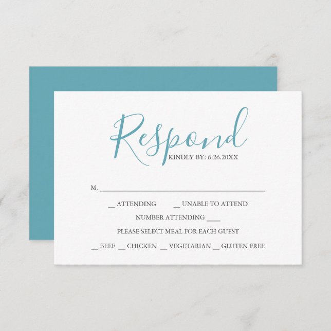 RSVP Cards with Meal Choice Turquoise Blue (Front/Back)