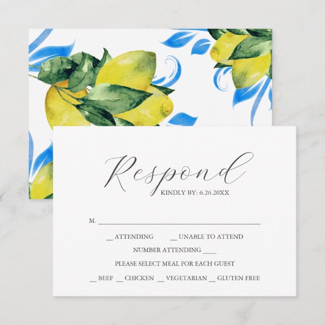 RSVP Cards with Meal Choice Watercolor Lemon  (Front/Back)