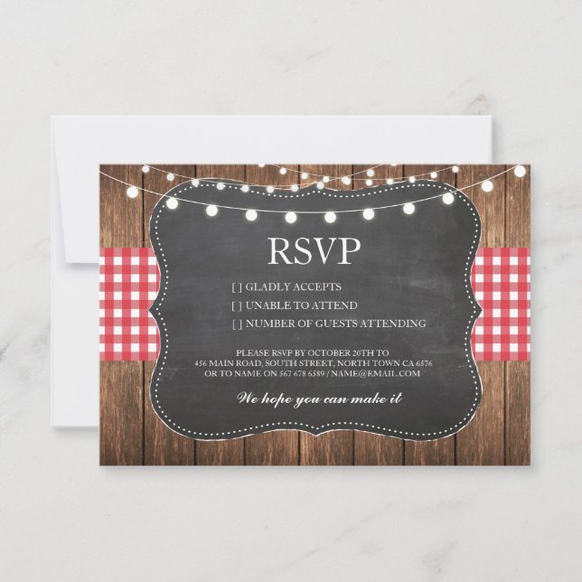 RSVP Chalk Wedding Wood Rustic Red Check Cards (Front)