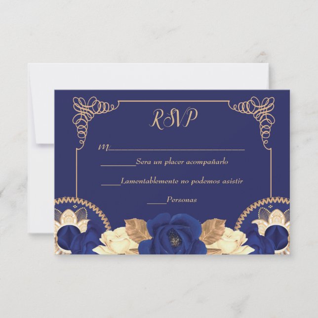 RSVP Charro Invitation, in Navy Blue, and Gold  Thank You Card (Front)