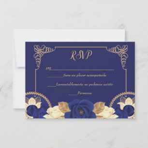 RSVP Charro Invitation, in Navy Blue, and Gold  Thank You Card