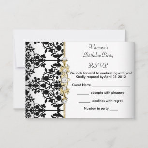 RSVP Damask Birthday Party Gold Black White Floral Card