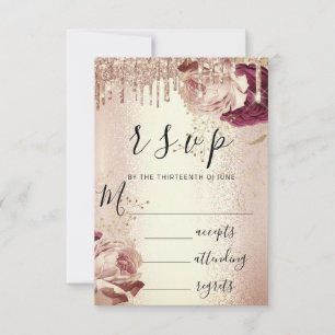 RSVP Drips Wedding Marsala Florals Rose Burgundy Card