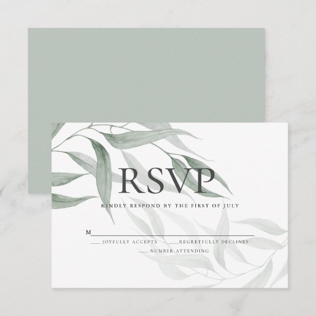 RSVP | Dusty Green Watercolor Woodland  Leaves Invitation (Front/Back)