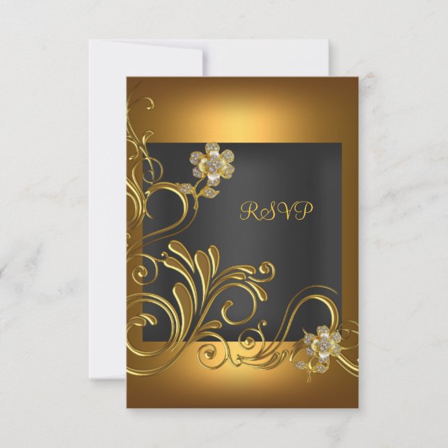 RSVP Elegant Birthday Party Black Gold Flower Card (Front)