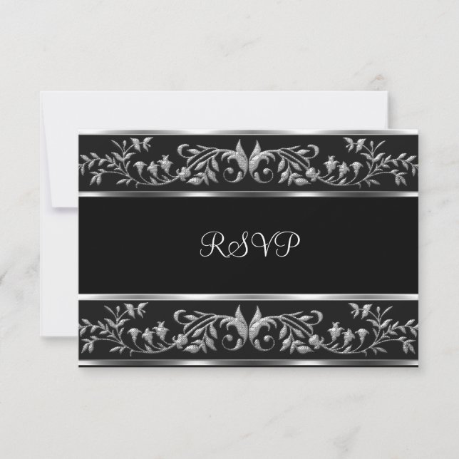 RSVP Elegant Black & Silver Floral Birthday Party Card (Front)