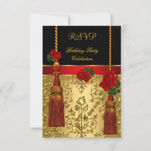 RSVP Elegant Damask Black Red Gold Birthday Party Invitation