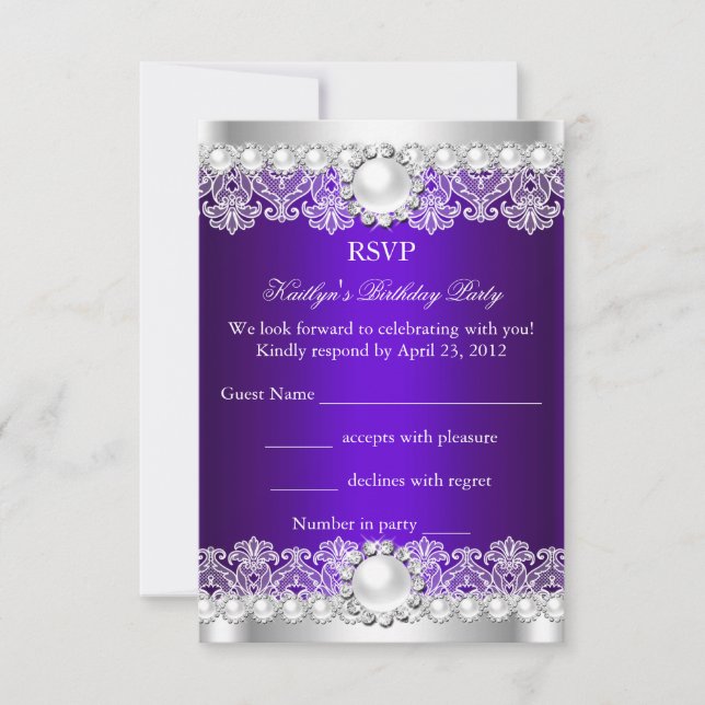 RSVP Elegant Royal Purple Lace Pearl Birthday Invitation (Front)