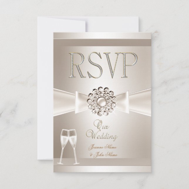 RSVP Elegant Wedding Damask Cream White Champagne Card (Front)