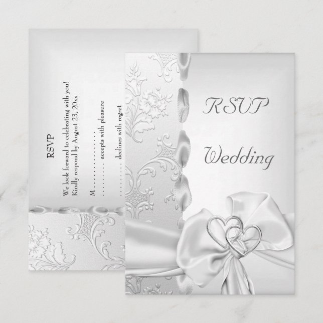 Rsvp Elegant Wedding Floral Silver White Bow Heart Invitation (Front/Back)