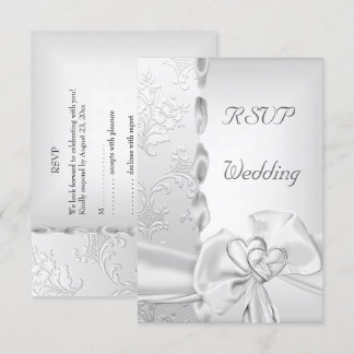 Rsvp Elegant Wedding Floral Silver White Bow Heart Invitation