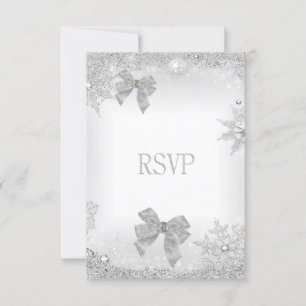 RSVP Elegant Wedding Glitter Silver White Bow Set Card