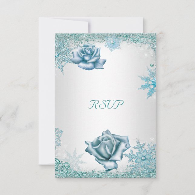 RSVP Elegant Wedding Glitter Teal Blue white Roses (Front)