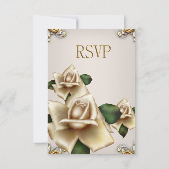 RSVP Elegant Wedding Gold Cream Beige Roses Invitation (Front)