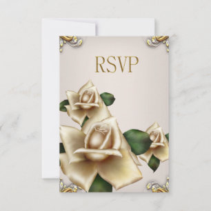 RSVP Elegant Wedding Gold Cream Beige Roses Invitation