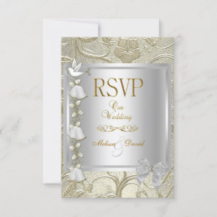 RSVP Elegant Wedding Gold Silver White Dove Damask Card