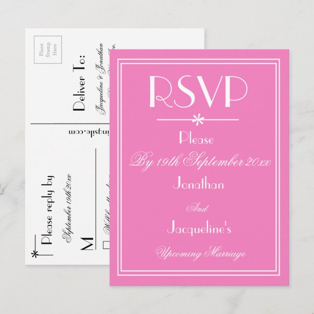  RSVP Elegant Wedding Personalised Names Pink RSVP Invitation Postcard (Front/Back)
