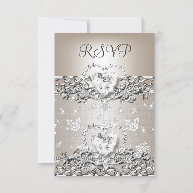 RSVP Elegant Wedding Silver Cream Diamond Heart Card (Front)