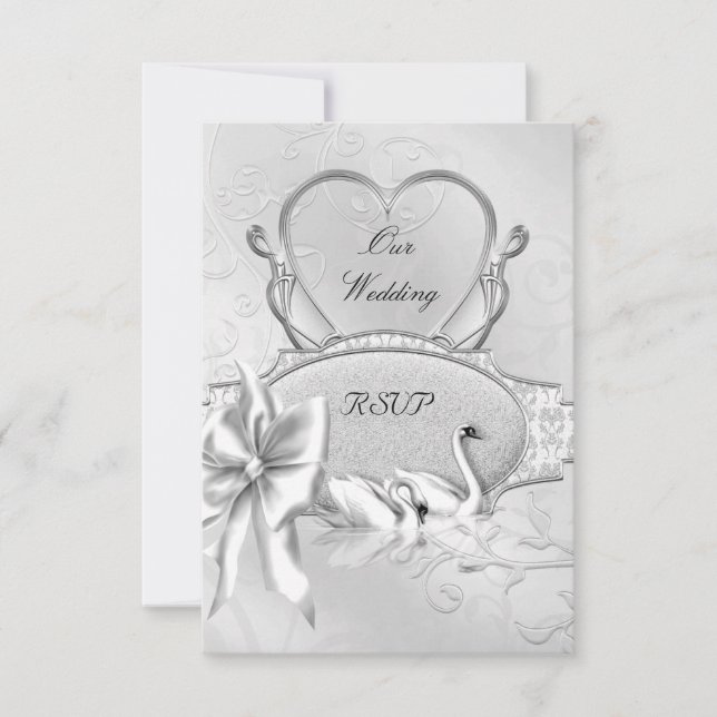 RSVP Elegant Wedding Silver White Swans Heart Bow Card (Front)
