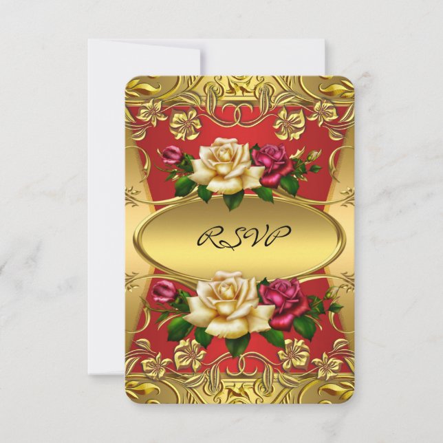 RSVP Elite Red Cream Roses Ornate Gold Birthday Invitation (Front)