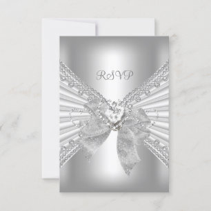 RSVP Engagement Diamond Heart White Silver Bow Card