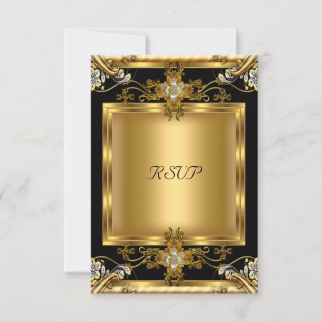 RSVP Engagement Elegant Gold Floral Jewel Black (Front)