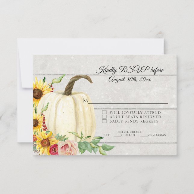 RSVP Fall Sunflower Pumpkin Blush Red w White Wood Invitation (Front)
