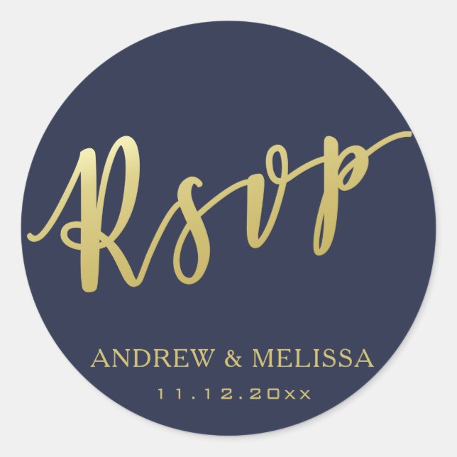 RSVP | Faux Gold Brush Script - Navy Blue Wedding Classic Round Sticker (Front)