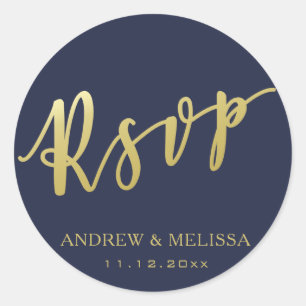 RSVP Faux Gold Brush Script - Navy Blue Wedding Classic Round Sticker