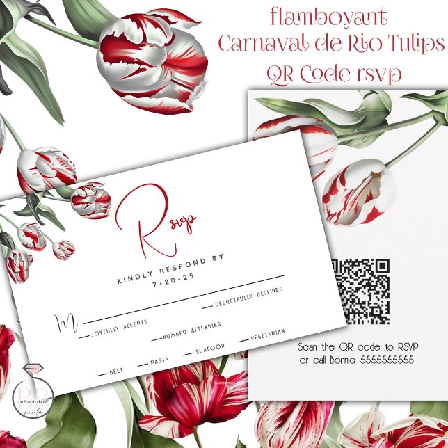 RSVP  |  Floral Red & White Rembrandt Tulips Card (Easy Peasy RSVP using  your QR code for your  guests to reply with just a click of their camera/)