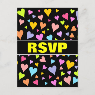 "RSVP" + Fun, Loving, Colourful Hearts Pattern Invitation Postcard