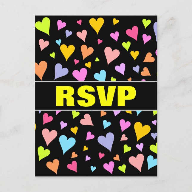 "RSVP" + Fun, Loving, Colourful Hearts Pattern Invitation Postcard (Front)