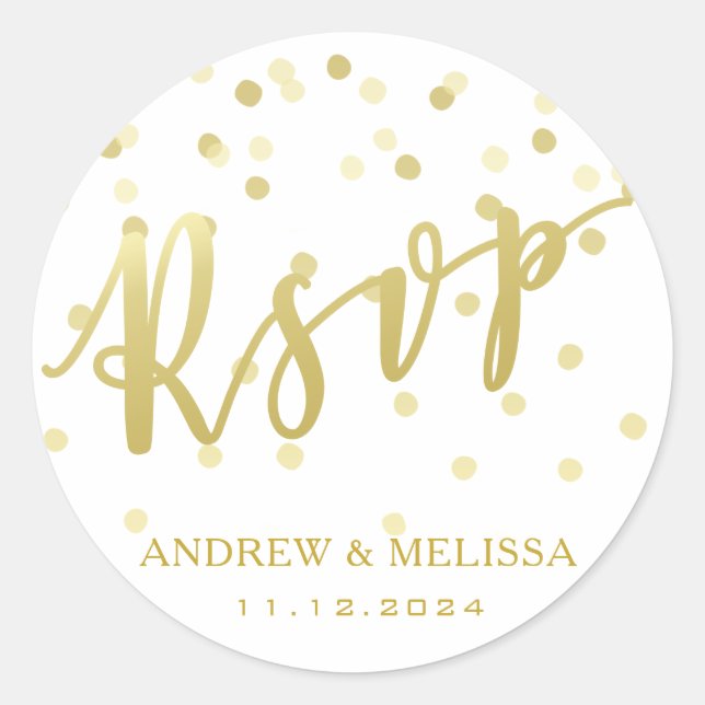 RSVP Gold Brush Script & Confetti Wedding Sticker (Front)