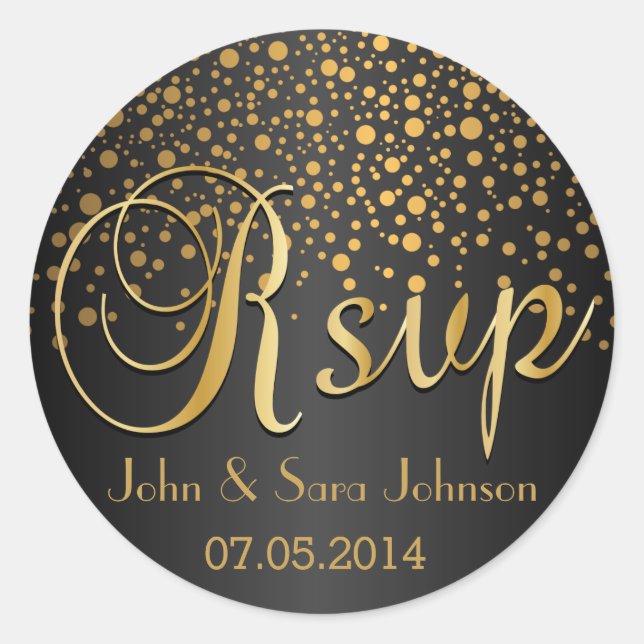 RSVP | Gold Dots and Black | Personalise Classic Round Sticker (Front)
