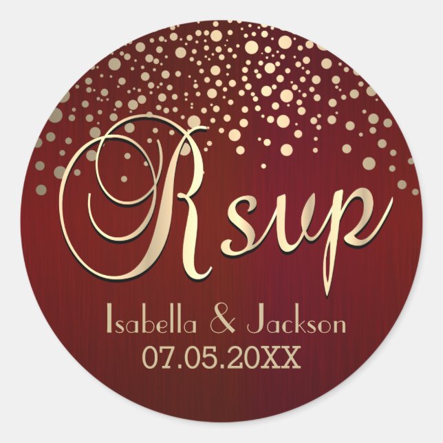 RSVP | Gold Dots and Burgundy Red | Personalise Classic Round Sticker (Front)