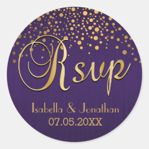 RSVP Gold Dots and Purple Personalise Classic Round Sticker