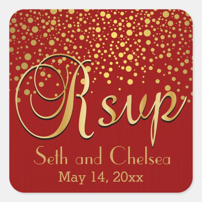RSVP Gold Dots and Red | Personalise Square Sticker (Front)