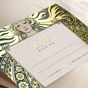 RSVP Gold Green Reply Vintage Art Nouveau Mucha Foil Holiday Postcard