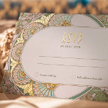 RSVP Gold Green Reply Vintage Art Nouveau Mucha Foil Holiday Postcard<br><div class="desc">Art Nouveau Vintage wedding RSVP card by Alphonse Mucha in a floral, romantic, and whimsical design. Victorian flourishes complement classic art deco fonts. Please enter your custom information, and you're done. If you wish to change the design further, simply click the blue "Customise It" button. Thank you so much for...</div>