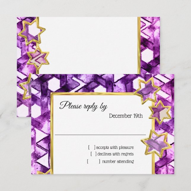 RSVP Gold Star Purple Damask Invitation (Front/Back)