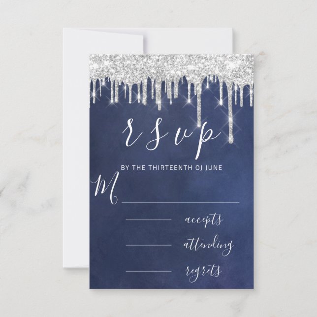 RSVP Grey Grey Silver Aqua Drips Wedding Blue Navy (Front)