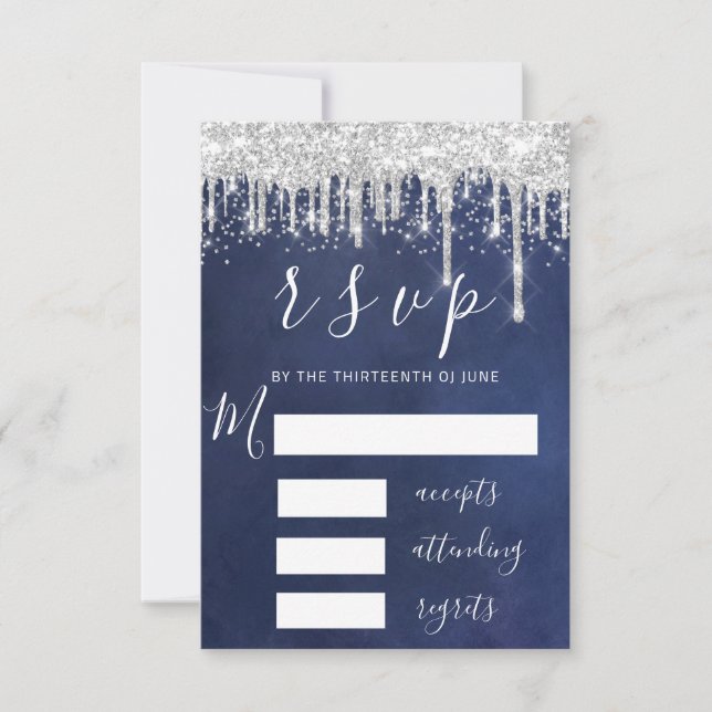 RSVP Grey Silver Drips Bridal Wedding Navy Spark  (Front)